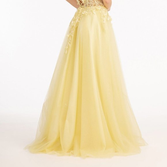 YELLOW  3-D Flower Applique Glitter Mesh A-line Dress Embroidery Sequin GL3034 - Picture 5 of 5